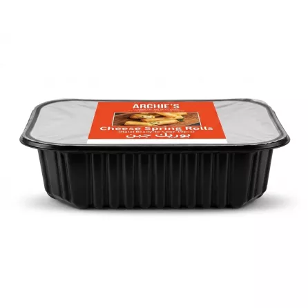 Enhanced Side view of Archie's Cheese Spring Rolls packaging in a black tray.