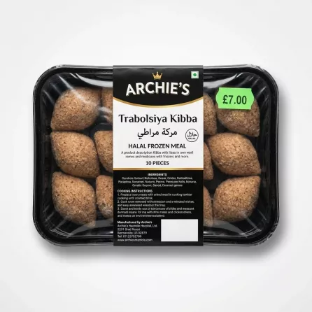 Enhanced Archie's Trabolsiya Kibba frozen food tray held in store