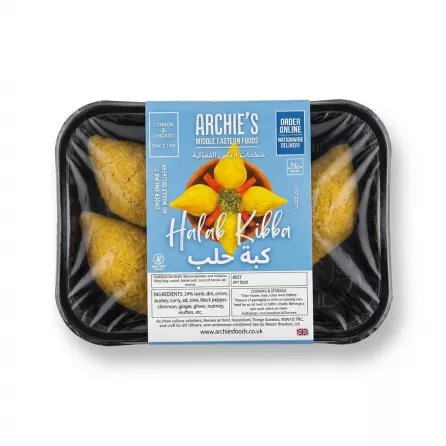 Enhanced Archie's Halab Kibba pack held by customer in grocery aisle