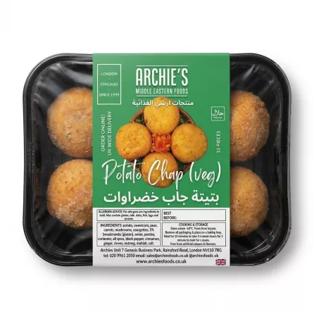 Enhanced Archie's Potato Chap (Veg) 10 pieces in plastic sealed tray on store shelf