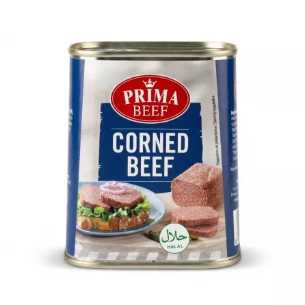 A 1:1 professional e-commerce product photograph of a Prima Halal Corned Beef tin, centered on a clean white background. The tin features the complete label with the 'PRIMA BEEF' logo, 'CORNED BEEF' text, serving suggestion images, and the prominent green and white Halal certification logo, all sharp and free of obstructions with even, soft lighting and shadows.