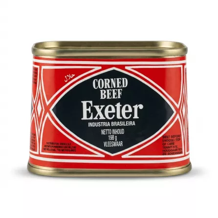 A 198g can of Exeter brand Corned Beef, labeled as "INDÚSTRIA BRASILEIRA" and featuring a Halal certification mark. The tin has a red, black, and gold design and is set against a clean, white background for a professional e-commerce product shot.