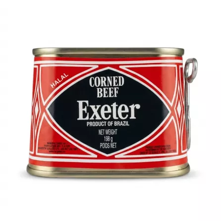 Enhanced Exeter Corned Beef 198g tin, halal marking and easy open key