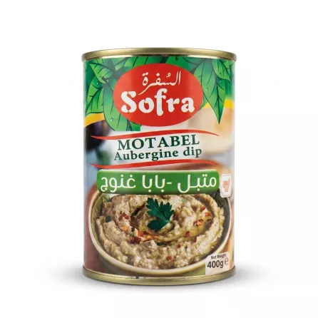 Enhanced Front of Sofra Motabel Aubergine Dip 400g tin with product label and price