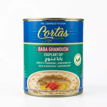 A 1:1 professional e-commerce product photograph of a centered 820g can of Cortas Baba Ghanoush Eggplant Dip, with its distinct blue and green label, set against a clean white background with soft, even shadowing.