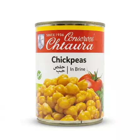 A 400g tin of Chtaura Conserves Chickpeas In Brine against a clean white background. The front label features the brand logo, Arabic text, and a bowl of chickpeas with a fresh tomato.