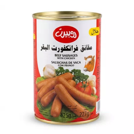 A 425g can of Robert Halal Beef Sausages with Chicken, featuring multi-lingual text in Arabic, English, and Portuguese, and an illustration of ready-to-eat sausages, garlic, and herbs.