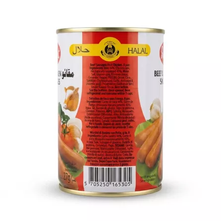 Enhanced Back of Robert Beef Sausages can showing ingredients and barcode