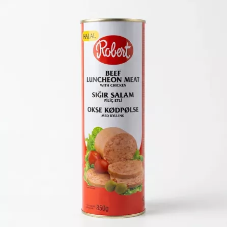 Enhanced Front of Robert Beef Luncheon Meat with Chicken can showing branding and product details