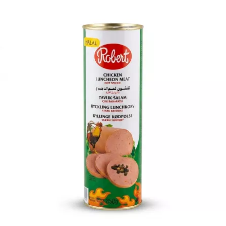 Enhanced Robert Chicken Luncheon Meat Hot Spiced can front view