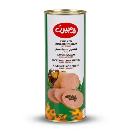 Enhanced Arabic-labelled Chicken Luncheon Meat Hot Spiced can front