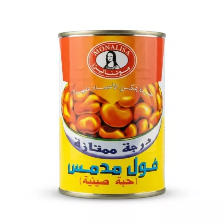 A can of Monalisa Foul Medammes Chinese Beans with Arabic labelling, featuring the Monalisa portrait and a graphic of cooked fava beans against a red and yellow background. Product Title: Monalisa Foul Medammes Chinese Beans