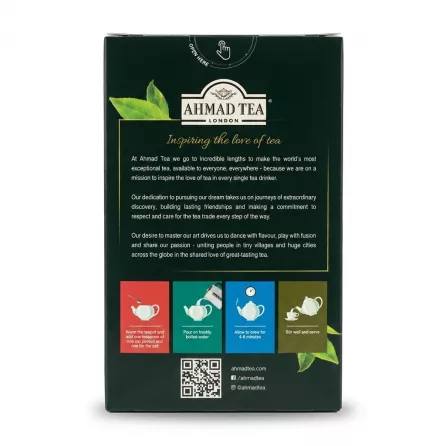 A professional 1:1 e-commerce product photograph showcasing the back of an Ahmad Tea Cardamom Loose Tea box. The box is centered against a clean white background with a soft, even shadow and sharp focus, highlighting the brand story, detailed brewing instructions, and a QR code.