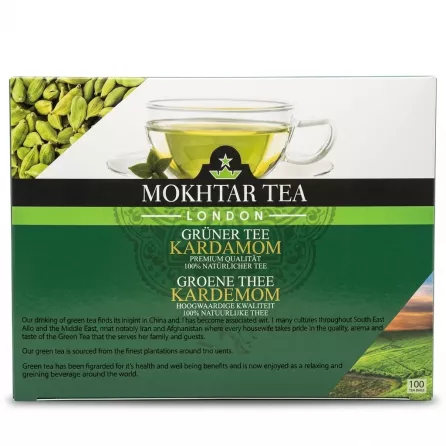 Enhanced Box of Mokhtar Tea Green Tea Cardamom reverse information panel