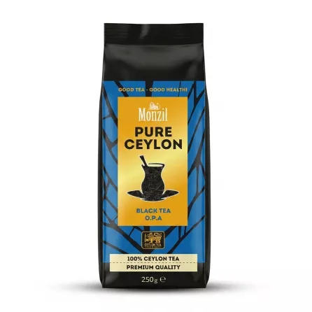A 250g bag of Monzil Pure Ceylon Black Tea O.P.A is centered on a clean white background with a soft, equal shadow. The bag features vibrant blue and yellow branding, a teacup illustration, and text in a crisp, sharp focus.