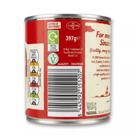 Enhanced Side view showing weight and barcode of Carnation Condensed Milk tin