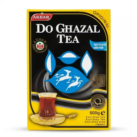 Enhanced Front English label of Akbar Do Ghazal Earl Grey Tea 500g with branding