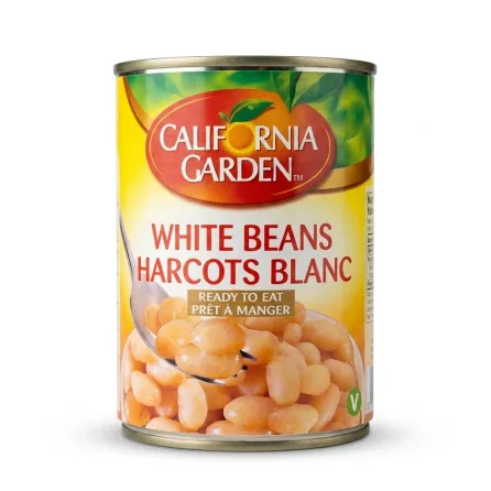 Enhanced Front of California Garden White Beans can in English and French