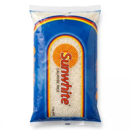 Enhanced Front view of Sunwhite Calrose Rice 1kg packaging