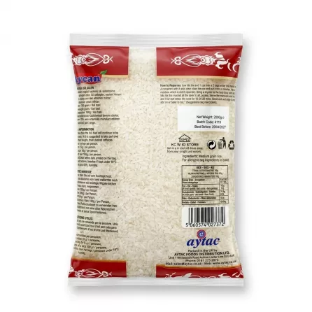 Enhanced Back of Aycan Tosya Rice 2kg showing instructions and nutrition