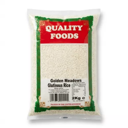 ** A 2kg clear bag of Quality Foods Golden Meadows Glutinous Rice with a prominent red and green label, showing the product inside. All branding and nutritional information are clearly visible in professional studio lighting against a clean white background.
