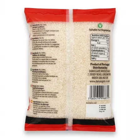 A 1kg clear bag of Sofra Medium Grain Egyptian Rice, showing the rear with detailed nutrition information, ingredients list in multiple languages, and a scannable barcode.