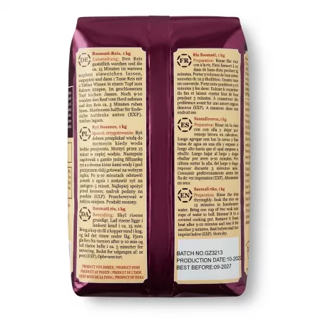 Enhanced Back of India Gate Basmati Rice Classic 1kg showing instructions