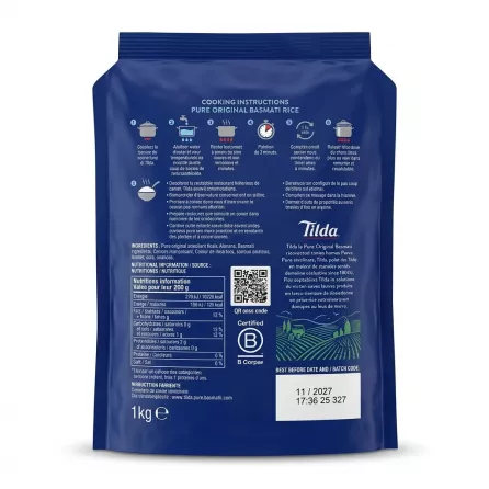 Enhanced Back of Tilda Pure Original Basmati Rice 1kg showing cooking instructions