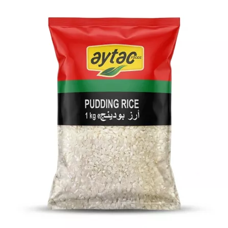 A 1kg package of Aytac Pudding Rice with clear plastic front and red, green, and yellow branding.