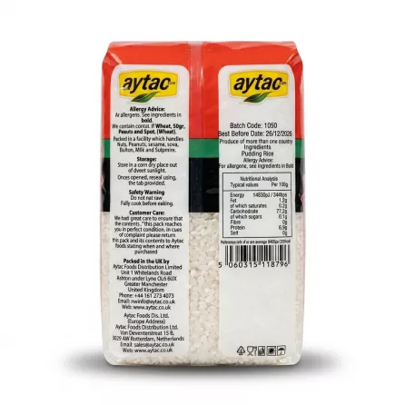 Enhanced Back of Aytac Pudding Rice 1kg pack displaying nutritional and contact information