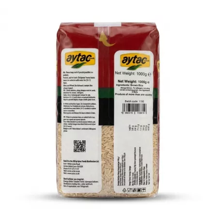 Enhanced Back of Aytac Foods Brown Rice 1kg pack with nutritional info and QR code