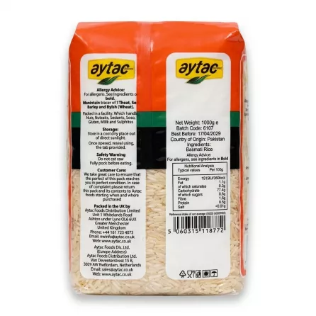 Enhanced Back of Aytac Basmati Rice 1kg with nutritional and storage information