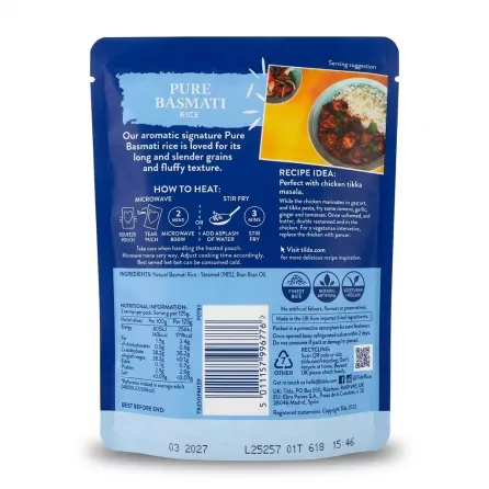 Enhanced Back of Tilda Pure Basmati Rice Classics 250g pouch with nutritional details and instructions