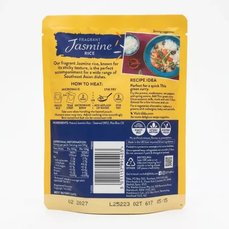Enhanced Back of Tilda Fragrant Jasmine Rice 250g pouch with ingredients and cooking instructions