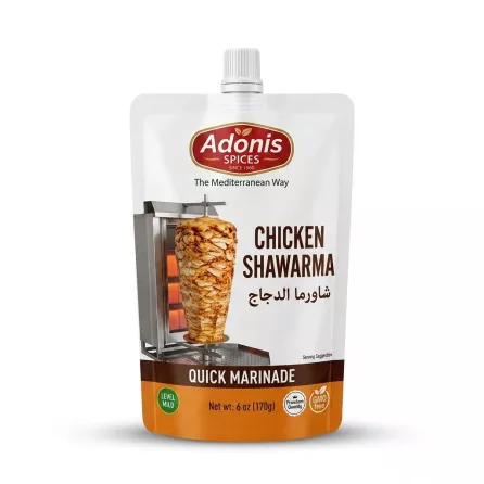 Enhanced Front view of Adonis Spices Chicken Shawarma Quick Marinade 170g pouch with product details and special offer label