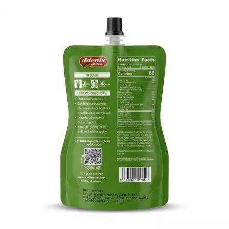 Enhanced Back view of Adonis Spices Chicken Shawarma Quick Marinade pouch showing cooking directions, nutrition facts and ingredients