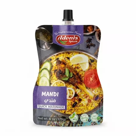 Enhanced Front of Adonis Spices Mandi Quick Marinade pouch 170g with special offer label