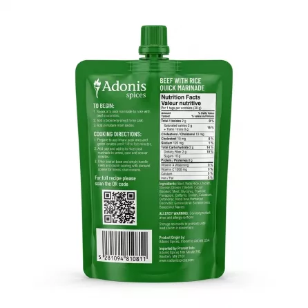 Enhanced Back of Adonis Spices Beef With Rice Quick Marinade pouch showing nutrition facts and ingredients