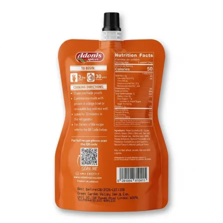 Enhanced Back of Adonis Spices Biryani Quick Marinade showing nutritional facts and directions