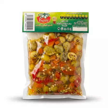 Enhanced Back of Younes Olive Grilled Olive Mix with ingredients visible