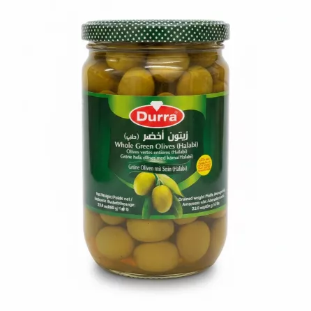 Jar of Durra Whole Green Olives Halabi with green polka-dot lid