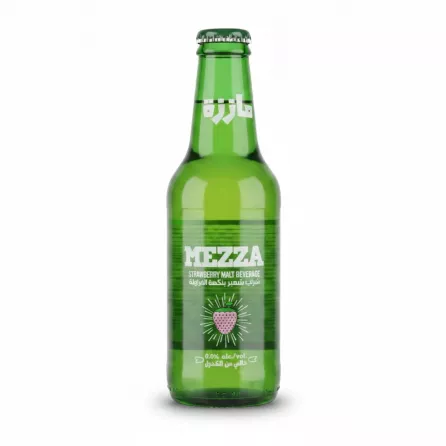 Green glass bottle of Mezza Strawberry Malt Beverage front label showing brand and strawberry graphic
