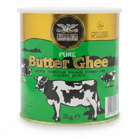 Heera Pure Butter Ghee 2kg tin container with green and gold design and cow illustrations