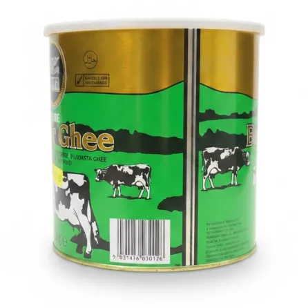 Side view of Heera Pure Butter Ghee 2kg tin showing barcode and packaging details