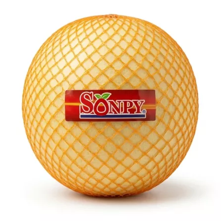 Enhanced Sonpy branded honeydew melon with barcode and orange mesh