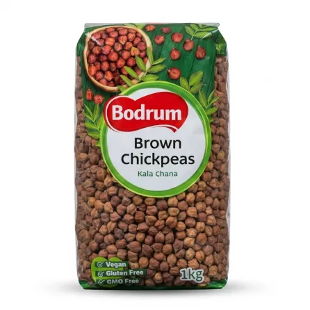 A 1kg package of Bodrum Brown Chickpeas, or Kala Chana, stands against a seamless white background, showing the brand logo, product title, and vegan and gluten-free labels.