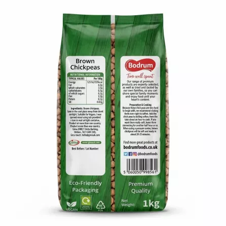 A 1kg package of Bodrum Brown Chickpeas (Kala Chana) presented against a clean white background, detailing its nutritional values, ingredient list, cooking instructions, and eco-friendly certifications.