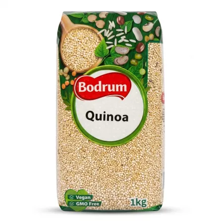 Enhanced Front of Bodrum Quinoa 1kg pack showing vegan and GMO free labels