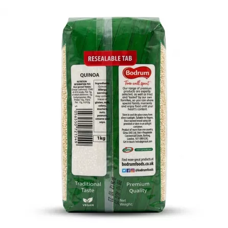 A 1kg package of Bodrum Quinoa, back view, featuring detailed nutrition information and other product details on a white background.