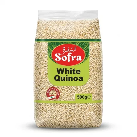 Enhanced Front view of Sofra White Quinoa 500g pack held in hand
